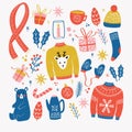 Collection of new year and christmas elements. Traditional winter holiday decoration, clothes, gifts and animals, isolated.