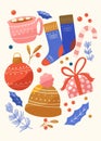Collection of new year and christmas elements. Traditional winter holiday decoration, clothes, gifts. Colorful vector Royalty Free Stock Photo