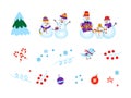 Collection of New Year clipart on a white background. A family of snowmen with gifts.