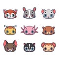 Collection of nine animals including red panda, rabbit, mouse, bee, axolotl, bear, bat, skunk, monkey