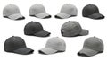 Collection of nine baseball caps in various shades of grey and black headwear accessory Royalty Free Stock Photo
