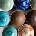 A collection of nine ceramic bowls displayed in a grid pattern Royalty Free Stock Photo
