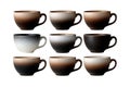 Collection of nine ceramic coffee cups with gradient brown and white colors Royalty Free Stock Photo