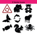 A collection of nine distinct black silhouettes of animals and objects, presented clearly on a plain white background Royalty Free Stock Photo