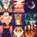 Collection of nine hand drawn illustrations of animals and nature. Beautiful landscapes and wildlife