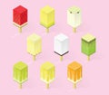 Collection of nine illustrations of rectangular fruit ice cream. Fruit in section. Isometric style