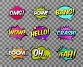 Collection of nine multicolored comic sound Effects on transparent background. Comic speech bubbles set, comic wording Royalty Free Stock Photo