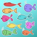 Collection of nine ready to use bright stickers with cute colorful fishes.