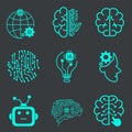 Collection of nine Technology of Artificial Intelligence Vector Line Icons Set. Face Recognition, Android, Humanoid Robot, Royalty Free Stock Photo