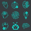 Collection of nine Technology of Artificial Intelligence Vector Line Icons Set. Face Recognition, Android, Humanoid Robotic