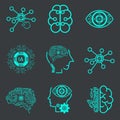 Collection of NINE technology icons, such as robot, digital, vr, ai, cyber and artificial Intelligence Vector Line Icons Set. Face Royalty Free Stock Photo