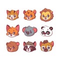 Collection of nine various animal species faces including cat, tiger, lion, fox, koala, panda, bear, raccoon, hyena