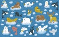 Collection of north pole animals floating on an ice floe. Cute childish cartoon characters. Vector illustration.