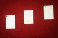 Collection of note papers pinned on a red board ready for filling in quotes. Royalty Free Stock Photo