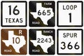 Collection of numbered road signs used in Texas, USA