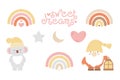 Collection Nursery stickers and clipart Sweet Dreams. Design for fabric, print, logo, sign, card and banner. White