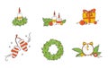 Collection of objects christmas tangerines tree tea sticker prints sketch