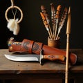 Knife, Indian quill and spear. Retro motif. Royalty Free Stock Photo