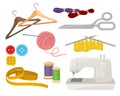 Flat vector set of objects related to sewing and knitting theme. Dressmaking instruments and materials