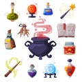 Collection of Occult Magic Objects for Mystic Rituals, Witchcraft Equipment, Cauldron, Book, Bottle of Magical Potion