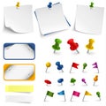 Collection of office supplies labels stickers and pins