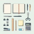 A collection of office supplies on a light background includes a spiral notebook, an Royalty Free Stock Photo