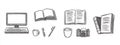 Collection of office work doodles. Icons include an office computer, work desk, and notebook in a hand-drawn sketch Royalty Free Stock Photo