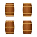 Collection of old barrels with wooden texture. Various hoop configurations. Cask for whiskey, wine or beer. Cartoon style