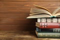 Collection of old books on shelf, space for text Royalty Free Stock Photo