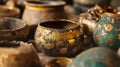 A collection of old, broken pottery with gold and green designs Royalty Free Stock Photo