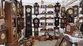 Collection of an old clocks for sale at flea market Royalty Free Stock Photo
