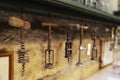 Collection of old corkscrew in Eger, Hungary Royalty Free Stock Photo