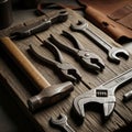 A collection of old hand tools displayed on a weathered wooden surface Royalty Free Stock Photo