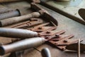 A collection of old hand tools to use when gardening Royalty Free Stock Photo