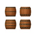 Collection of old kegs with wooden texture. Various hoop configurations. Cask for whiskey, wine or beer. Cartoon style