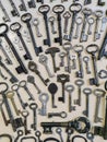 Collection of old keys of different shapes and sizes. Background.