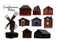Collection of old mill and traditional scandinavian wooden houses Royalty Free Stock Photo