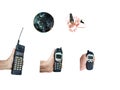 Collection old model cell phones and chargers Royalty Free Stock Photo