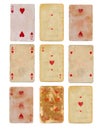 Collection old used playing card of hearts paper backgrounds isolated