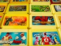 Collection of old video games on white background, vintage plastic cartridge for gaming console, retro nostalgic technology