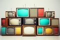 A collection of old vintage retro tv television sets in a stack