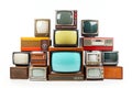 A collection of old vintage retro tv television sets in a stack