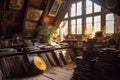 collection of old vinyl records in a dusty attic corner