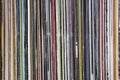 Collection of old vinyl records stacked. Detail of album cover Royalty Free Stock Photo