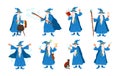 Collection of old wizard making magic isolated on white background. Bundle of elderly sorcerers or fairytale magicians