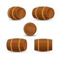 Collection of old wooden barrels from different angles. Horizontal rotation. Front, side and three quarters view. Cartoon style
