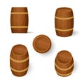 Collection of old wooden barrels from different angles. Vertical rotation. Top, side and three quarters view. Cartoon style