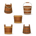 Collection of old wooden buckets of various shapes with different handles. Cartoon style illustration. Vector
