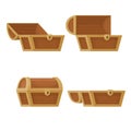 Collection of old wooden chests with open and closed lids. Pirate treasure. Vintage trunk.Cartoon style illustration.