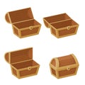 Collection of old wooden chests with open and closed lids. Pirate treasure. Vintage trunk.Cartoon style illustration.